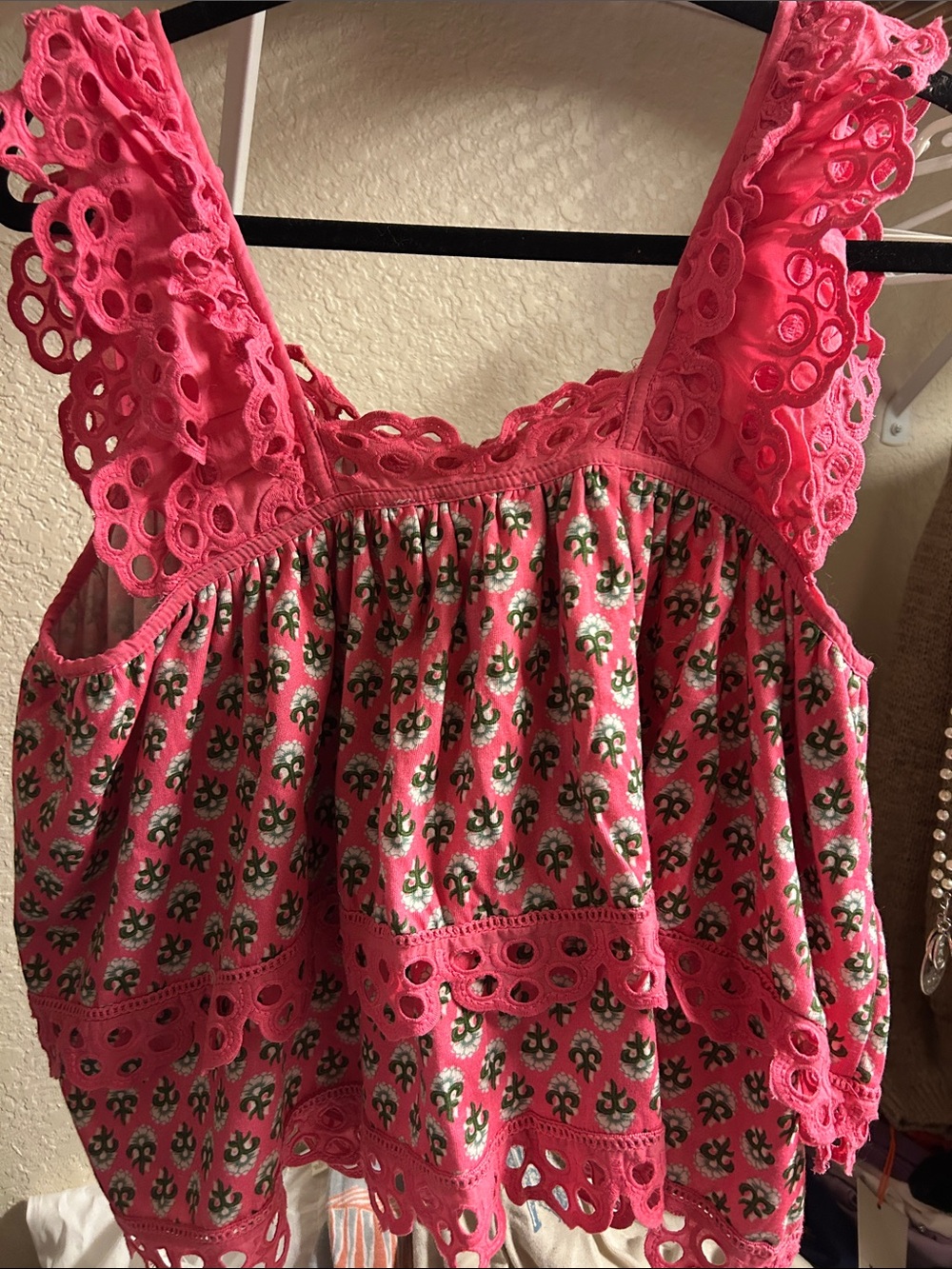 Anthropologie Pink Eyelet-Trim Floral Crop Tank